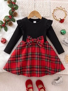 SHEIN Baby Girl Round Neck Long Sleeve Patchwork Plaid Hem Bow Decor Cute Dress - Red - View 6