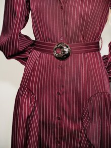 Aveloria Modichic French Elegant Vintage Commuter Burgundy Vertical Striped Blazer Collar Asymmetric Metal Buckle Belt Lantern Sleeve Long Sleeve Dress - Burgundy - View 7