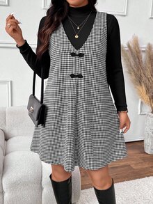 Lounesse Plus Size Women Solid Color Long Sleeve T-Shirt And Houndstooth Pattern Button Design Sleeveless Dress Elegant 2 Pieces Set - Black and White - View 4