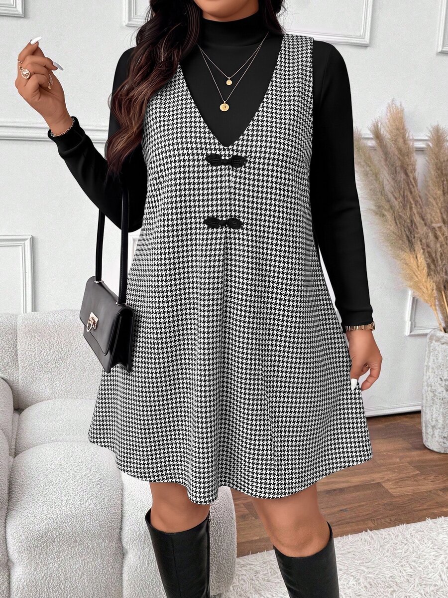 Lounesse Plus Size Women Solid Color Long Sleeve T-Shirt And Houndstooth Pattern Button Design Sleeveless Dress Elegant 2 Pieces Set - Black and White - View 1