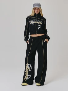 MUSERA Quần jogger dáng rộng co giãn in họa tiết màu tương phản phong cách vintage Y2K dễ thương cho ngày thường và đi học tiểu học - màu đen - Xem 2