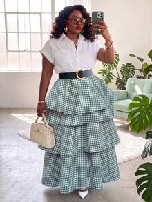 Slaydiva Autumn/Winter Elegant Date Christmas Holiday Green & White Houndstooth Multi-Layer Ruffle Cake Long Skirt Plus Size - Green - View 5