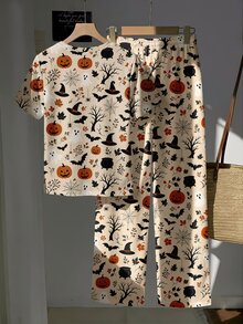 2pcs Set Embroidered Round Neck Short Sleeve Top And Striped Print Pants, Casual - Multicolor - View 2
