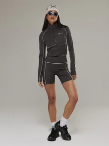 Musera Sport Contrast Colour Piped Edge Fitted High Rise Coord Shorts Active Outdoors Workout Gym Terra Peak - Black - View 5
