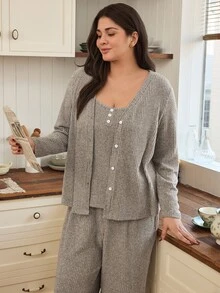 Doze Lane Plus Size Casual 3 Pieces Set Solid Color Comfortable Knit Camisole With Buttons Cardigan And Pants Autumn/Winter Home Sleepwear Grey Bridal - Khaki - View 5
