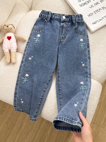 SHEIN 1件女童休閒學院風牛仔直筒花卉長褲 - 中等水洗藍 - 查看 1