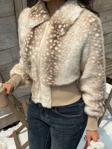 SHEIN EZwear Women's Zipper Front Animal Print Long Sleeve Faux Fur Coat - Khaki - View 4