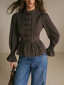 Poéselle Women's Striped Button-Front Long Sleeve Elegant Blouse - Brown - View 3