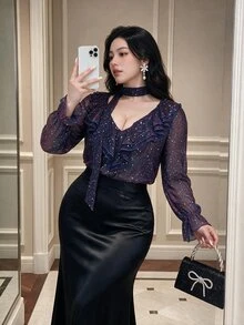 Vibekara Halter Neck Ribbon Sequin Blouse, Ruffle V-Neck Glitter Sheer Long Sleeve Party Top - Purple - View 2