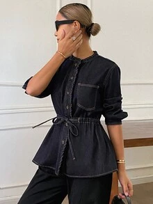 DAZY Women's Button Drawstring Pocket Button Denim Jacket - Dark Wash - View 2