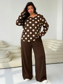 Solflare Setelan Kasual Dua Potong Kaos Lengan Panjang Leher Bulat Motif Polkadot Wanita Ukuran Besar dan Celana Panjang - Pakaian Rumahan Nyaman untuk Musim Gugur/Musim Dingin - Coklat - View 6