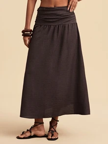 Travachic Women's Solid Color High Waist Pleated Casual Skirt - Coffee Brown - View 4