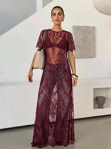 Lavishia 女款圓領短袖透視蕾絲洋裝，蕾絲刺繡透視拍照套裝，黑色花卉，日常優雅派對夜店女裝 - 酒紅色 - 查看 7