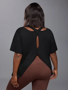 Voyena Women's Plus Size Solid Color Round Neck Short Sleeve Back Cutout Design Sports T-Shirt - Black - View 2