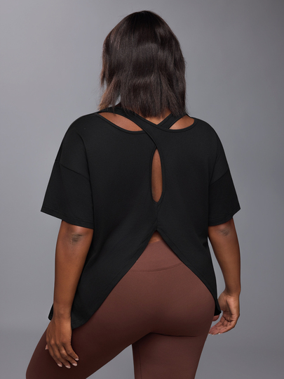 Voyena Women's Plus Size Solid Color Round Neck Short Sleeve Back Cutout Design Sports T-Shirt