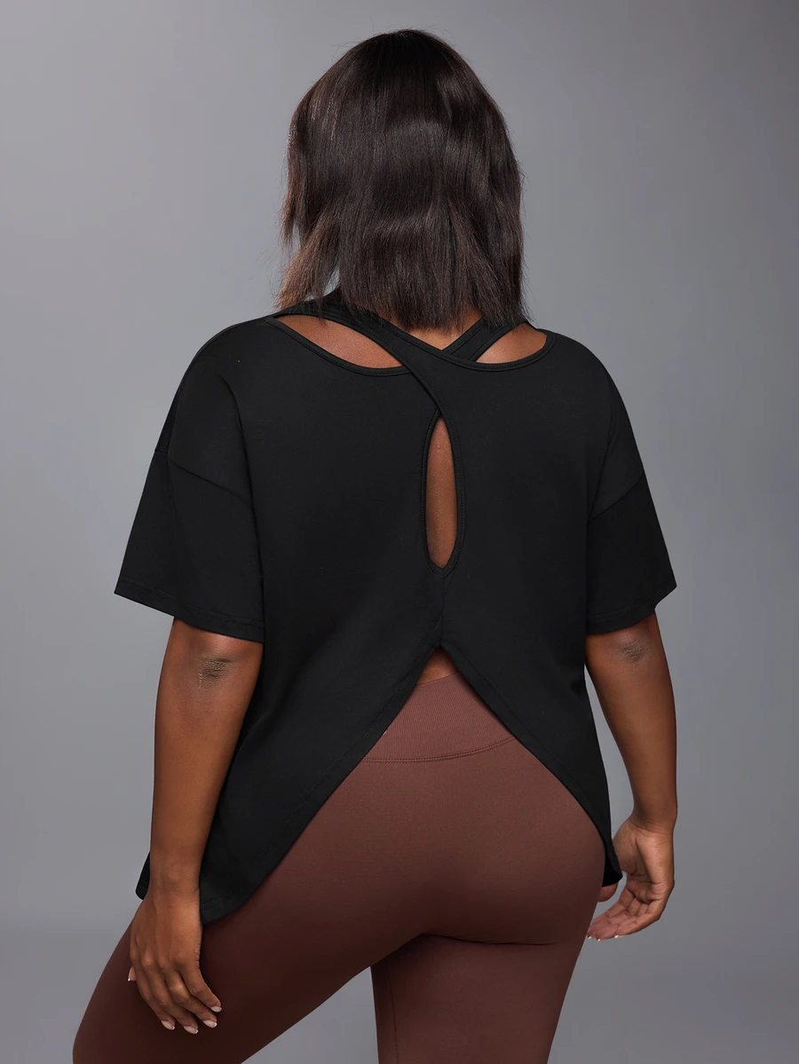 Voyena Kaos Olahraga Wanita Ukuran Besar Warna Polos Leher Bulat Lengan Pendek Desain Potongan Belakang - Hitam - View 1
