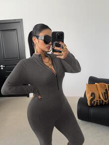 POPSWAY Plus Size Black Long Sleeve Long Jumpsuit With Front Zipper, Cinched Waist, Slim Fit, Minimalist, Solid Color, Versatile Everyday Wear - Grey - View 3