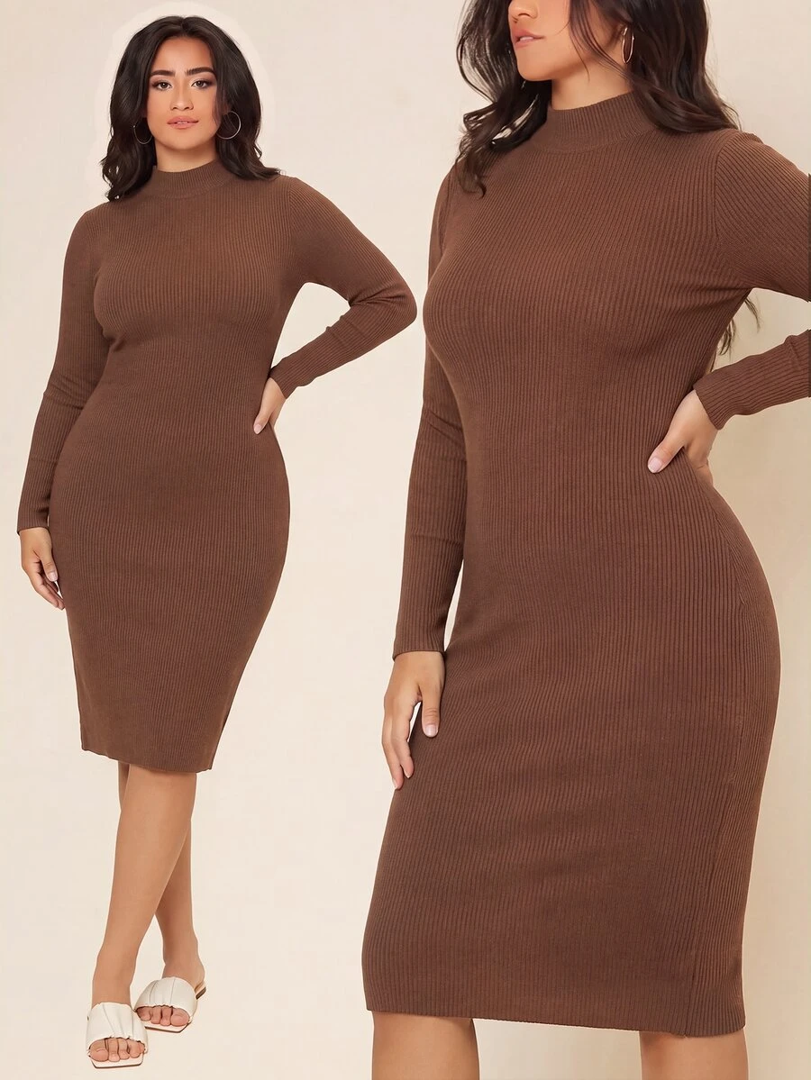 SHEIN BASICS Plus Size Women Solid Color Stand Collar Long Sleeve Slim Fit Elegant Knit Dress - Coffee Brown - View 1