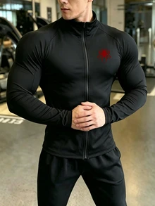GymBeat Men's Spider Pattern Zipper Casual Daily Long Sleeve Sports Jacket Fall - Black - View 4
