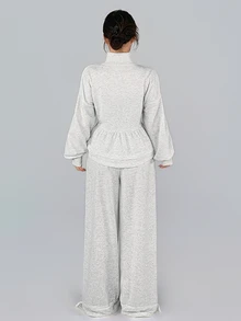 DAZY Women's Solid Color Zip-Up Long Sleeve Sweatshirt And Wide Leg Pants Sports Set - Light Grey - View 7