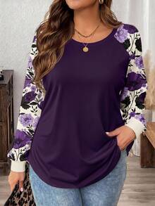 SHEIN LUNE Plus Size Women's Casual Raglan Sleeve Round Neck Loose T-Shirt, Suitable For Spring/Autumn - Purple - View 1