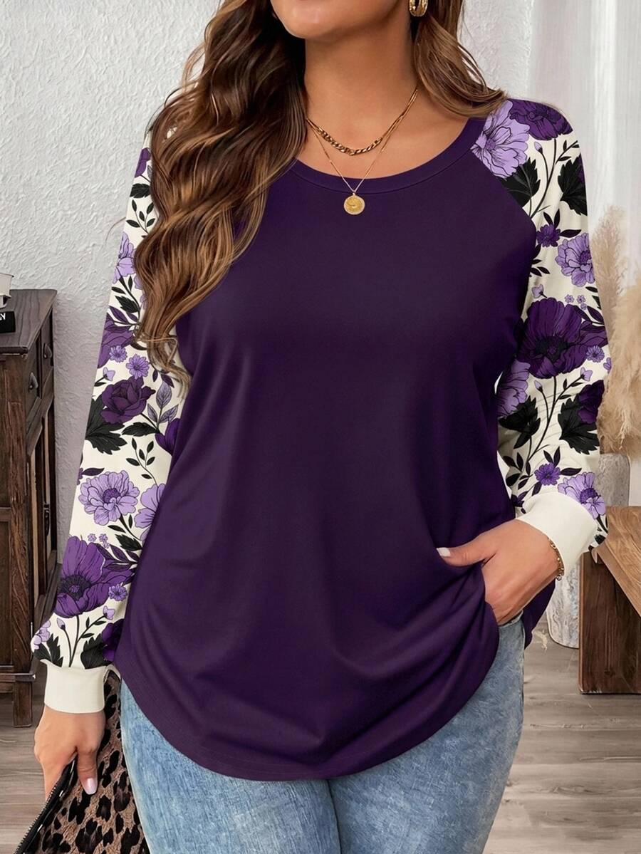 SHEIN LUNE Plus Size Women's Casual Raglan Sleeve Round Neck Loose T-Shirt, Suitable For Spring/Autumn - Purple - View 1