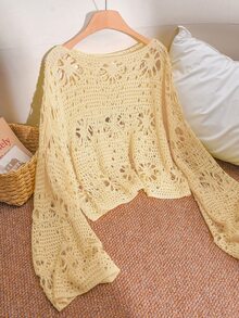 CosyJoli Plus Size Solid Color Hollow Knit Sweater Fall - Light Yellow - View 7