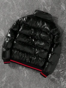 SHEIN 兒童青少年男孩秋冬款連帽保暖內裡加厚黑色夾克外套，絎縫外套，冬季外套，派克大衣，填充外套，填充外套，絎縫外套 - 彩色 - 查看 2