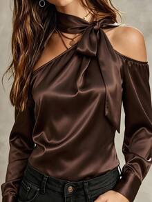 Velvienne Plus Size Women's Sexy Asymmetrical Shoulder Long Sleeve Blouse, Early Spring Faux Acetate Wrinkle-Resistant Versatile Chic Top - Brown - View 7