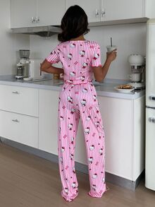 ZzzCrew HELLO KITTY AND FRIENDS | SHEIN Women's Lace Patchwork Bow Decor Top And Cartoon Striped Print Long Pants Pajama Set - Multicolor - View 2
