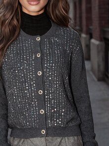 Anewsta Women's Gray Sequin Embroidered Comfortable Knit Cardigan Sweater For Autumn - Grey - View 7