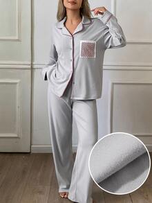 DAZY Women's Colorblock Long Sleeve Top And Pants Casual Daily Home Sleepwear Set - Light Grey - View 1
