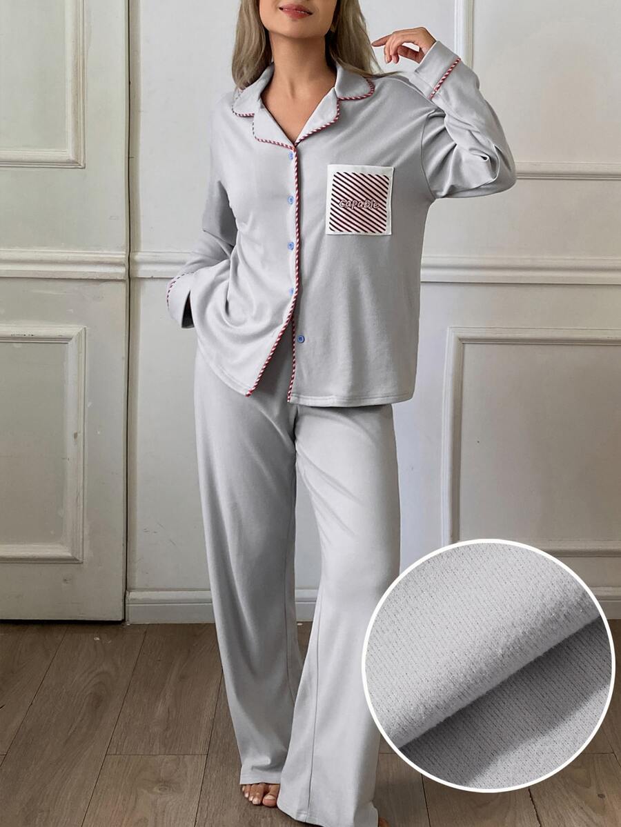 DAZY Women's Colorblock Long Sleeve Top And Pants Casual Daily Home Sleepwear Set - Light Grey - View 1