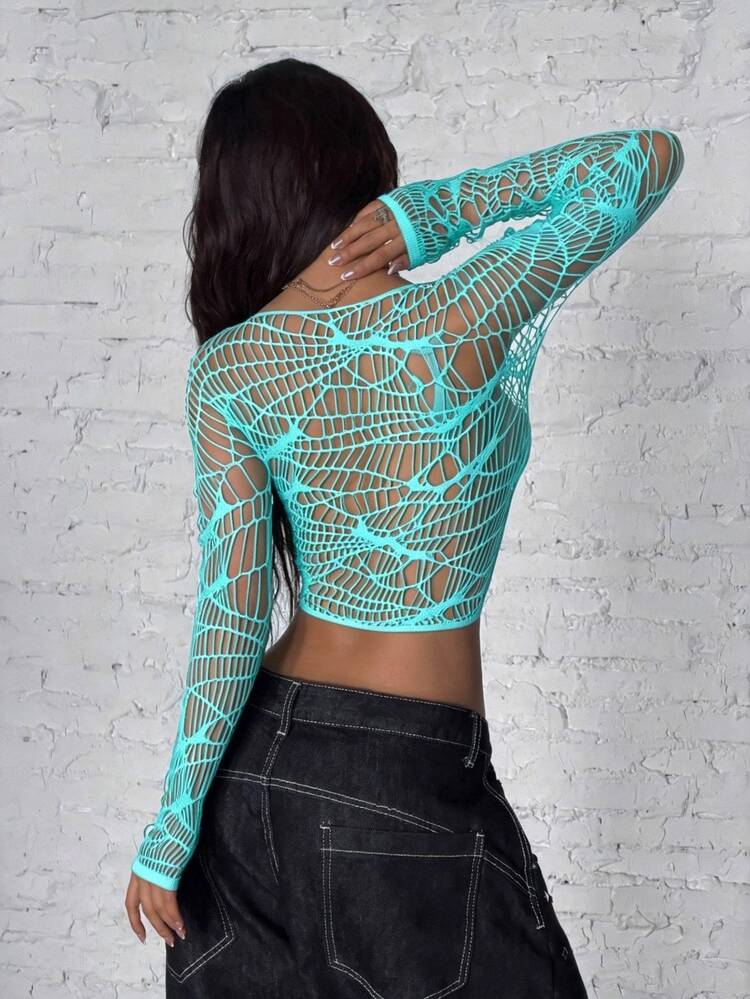 StreetHx Crop Top Jala Jacquard Jaring Laba-laba Wanita, Warna Teal Musim Panas Lengan Panjang Transparan Jaring Ikan untuk Klub Malam Halloween Gaya Alien Pakaian Jalanan Seksi - Biru - View 2