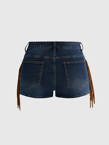 ROMWE Hippie Western Cowboy Suede Patchwork Fringe Distressed Vintage Denim Skinny Women's Denim Shorts Plus Size - Multicolor - View 2