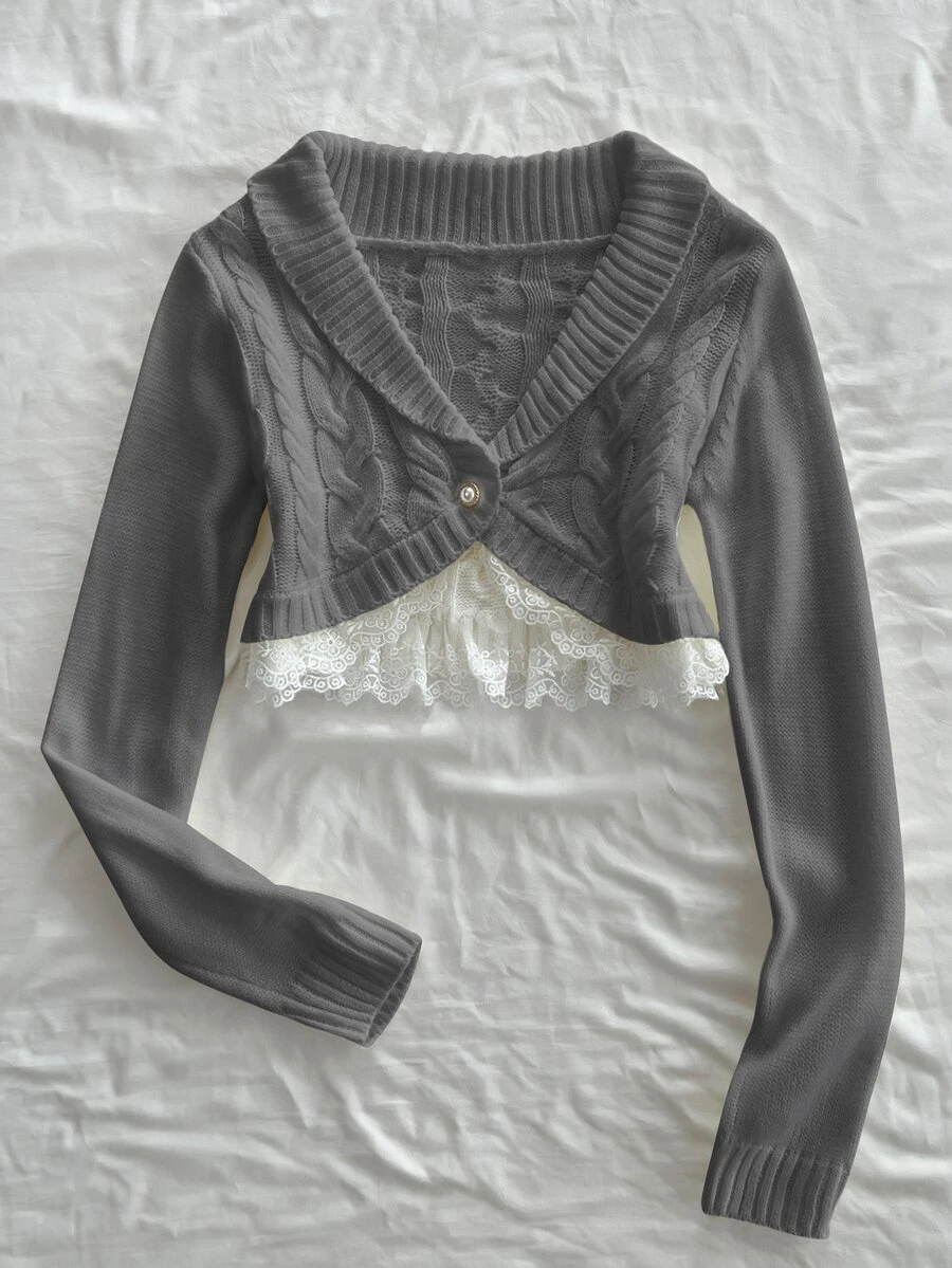 Elamini Women's Lace Button Decor Cable Knit Short Long Sleeve Cute Delicate Atmosphere Cardigan - Dark Grey - View 1