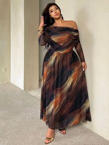 Auralis Plus-Size Off-Shoulder Dress With A Fitted Waist And Flared Skirt / Brown Tie-Dye Dress / High-Stretch, Comfortable Mesh Dress - Brown - View 6