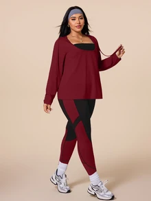 SHEIN Rhythm Era طقم رياضي شتوي مقاس كبير تي شيرت بغطاء رأس وسروال ضيق بألوان متباينة - متعدد الألوان - مشاهدة 6