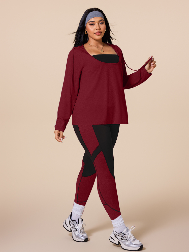 SHEIN Rhythm Era 大尺碼連帽T恤與拼色緊身褲運動套裝 冬季 - 彩色 - 查看 6