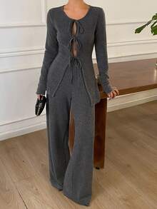 DAZY Women's Korean Style Tie-Up Long Sleeve Top And Pants 2 Pieces Set - Grey - View 1