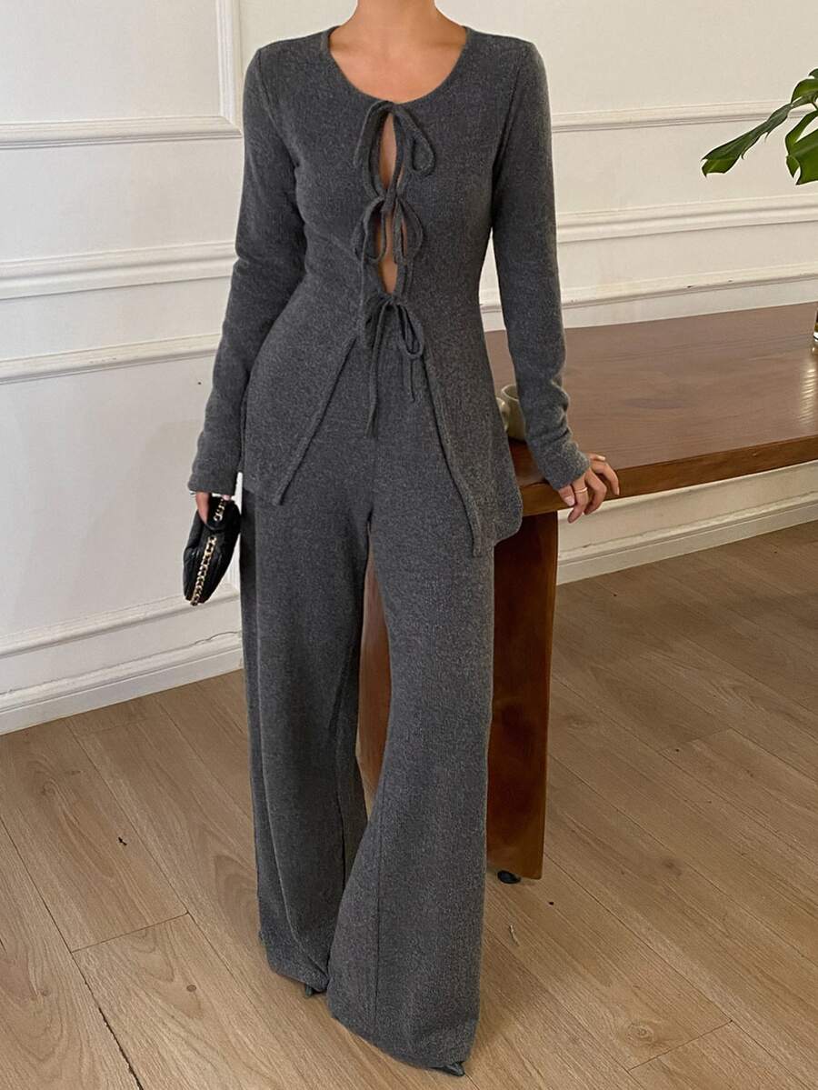 DAZY Women's Korean Style Tie-Up Long Sleeve Top And Pants 2 Pieces Set - Grey - View 1
