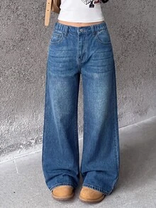 SHEIN Celana Jeans Anak Perempuan Gaya Kasual Y2K Biru Longgar dan Nyaman, Sederhana dan Mendasar - Biru - View 1