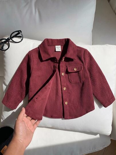 SHEIN Baby Boy Solid Color Versatile Comfortable Collared Long Sleeve Button-Up Shirt