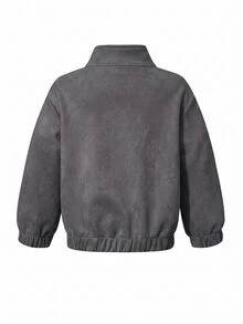 SHEIN Elladie kids 女童新款中式國風青蛙鈕扣麂皮外套，立領，側邊撞色設計 - 深灰色 - 查看 2