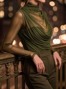 Editum 女款性感透視長袖高領上衣，彈性網紗抓皺設計，適合晚宴、夜生活、約會、上班及日常穿著，黑色秋季 - 軍綠色 - 查看 4