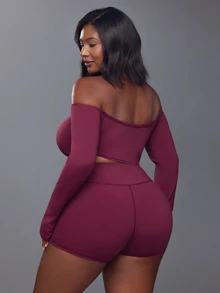Voyena Women's Plus Size Solid Color Off-Shoulder Halter Neck Long Sleeve T-Shirt And Shorts Sports Set - Burgundy - View 2