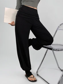 DAZY Women's Solid Color Casual Versatile Daily Travel Sports Long Pants - Black - View 2