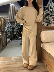 DAZY Women's Round Neck Long Sleeve Korean Style Elegant Sweater 2 Pieces Set - Khaki - View 6