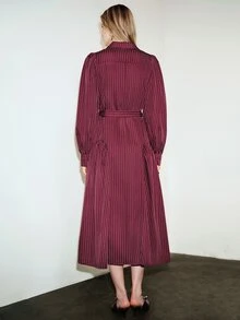 Aveloria Modichic French Elegant Vintage Commuter Burgundy Vertical Striped Blazer Collar Asymmetric Metal Buckle Belt Lantern Sleeve Long Sleeve Dress - Burgundy - View 2