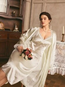 Côtesoire Plus Size Women's Southern French Romantic Elegant Glossy Satin Lace Slip Robe, Lace Robe Nightwear Set - Champagne - View 6